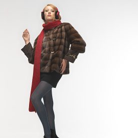 Female demi mink horizontal fur jacket with removal sleeve-trim and collar.